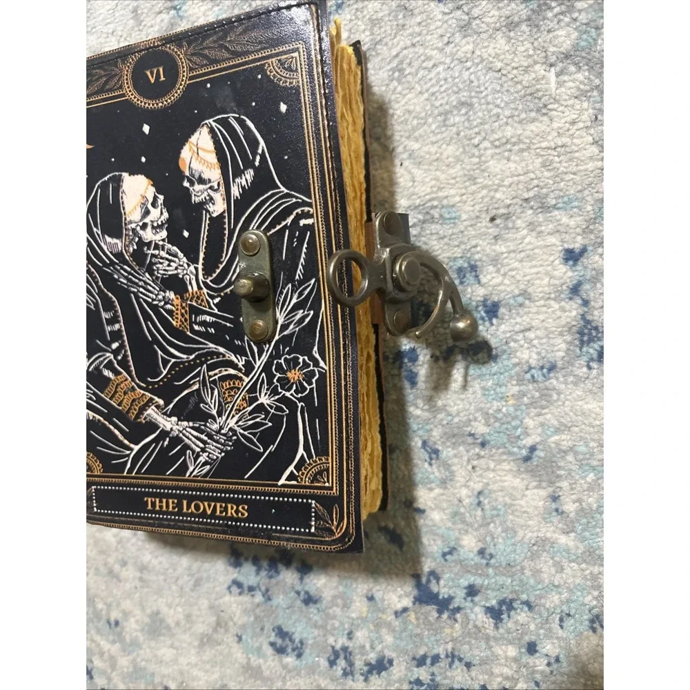 Book of Spells Leather Journal Deckle Paper Grimoire The Lovers Tarot Skull EUC